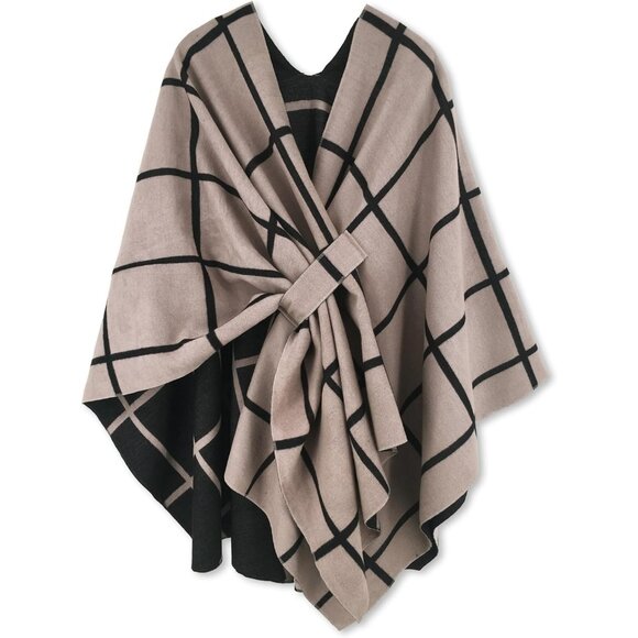 Women Shawl Wrap Poncho Ruana Cape Open Front Cardigan Fall Winter Black Khaki - Picture 1 of 8